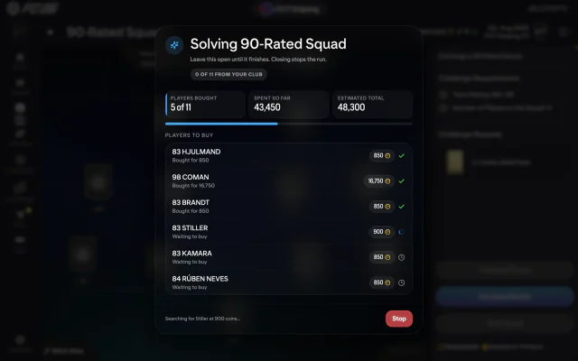 The SBC Solver partway through a 90-rated squad: five of eleven players bought for 43,450 of an estimated 48,300
